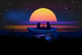 Romantic silhouette of loving couple at sunset in a boat. Valentines Day. Happy Lovers. Royalty Free Stock Photo