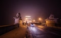 Beautiful view of the Szechenyi Chain Bridge in fog at night in Budapest, Hungary. Royalty Free Stock Photo