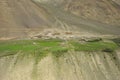 Beautiful view of a tiny village which located in dry mountains on the way of Darcha-Padum, Ladakh, INDIA Royalty Free Stock Photo