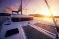 Beautiful view to catamaran in Seychelles bay at sunset