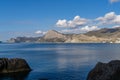 Beautiful view to coast of Novy Svet village from rocky coast Alchak Cape in surroundings of resort Sudak city