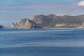 Beautiful view to coast of Novy Svet village from rocky coast Alchak Cape in surroundings of resort Sudak city