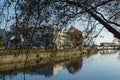 Beautiful view to Embankment near Sochi Commercial Sea Port from other side of river. Yellow of shopping gallery Grand Marina Royalty Free Stock Photo