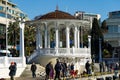 Beautiful view to Embankment near Sochi Commercial Sea Port with white gazebo rotunda. Famous place in resort town