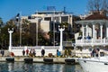 Beautiful view to Embankment near Sochi Commercial Sea Port with white gazebo rotunda. Famous place in resort town