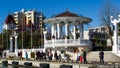 Beautiful view to Embankment near Sochi Commercial Sea Port with white gazebo rotunda. Famous place in resort town