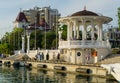 Beautiful view to Embankment near Sochi Commercial Sea Port with white gazebo rotunda. Famous place in resort town. Sochi