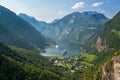 Beautiful view to Geiranger fjord with cruise ship and waterfall, Norway Royalty Free Stock Photo