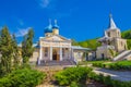 Beautiful view to Kalarashovsky Holy-Uspensky woman monastery in sany sammer day. Convent located on the right Bank of