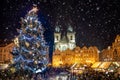 Beautiful view to the old town square of Prague during night time with a Christmas market Royalty Free Stock Photo