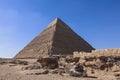 Beautiful View to the One of the Wonders of the Ancient World - Great Pyramids of Giza under Blue Sky and Day Lights of the Sun Royalty Free Stock Photo