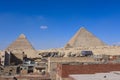 Beautiful View to the One of the Wonders of the Ancient World - Great Pyramids of Giza under Blue Sky and Day Lights of the Sun Royalty Free Stock Photo