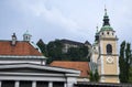 Beautiful view to the roofs of the Buildings with the Saint Nicholas Cathedral towers and castle in Ljubljana Royalty Free Stock Photo