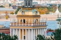 Beautiful view to spires of Admiralty and Peter-Pavel`s Fortress from Isaac cathedral, Saint Petersburg, Russia. Royalty Free Stock Photo