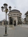Beautiful view to statues and street lamp on Art bridge in Skopje, Macedonia