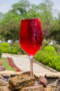 Beautiful view to wine fountain outside the winery on Moldavia in sunny summer day.