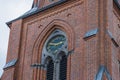 Beautiful view of top tower clock on famous Cathedral facade. Uppsala, Sweden, Royalty Free Stock Photo