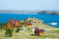 Beautiful view of the tourist center on the shore of Lake Baikal.