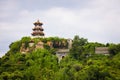 Beautiful view of the tower of Buddhist Incense Foxiangge in Shougang Park, Beijing, China