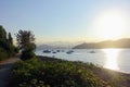 A beautiful view of the town of Gibsons along the sunshine coast, with boats anchored in the ba