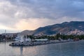 Beautiful view on a town, mountains, sea and ships in Alanya port, Turkey Royalty Free Stock Photo