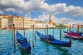 Beautiful view of traditional Gondola on Canal Grande with St Mark`s Campanile, San Marco, Venice, Italy Royalty Free Stock Photo