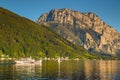 Paddle steamer on Lake Traunsee with Traunstein mountain at sunset, Gmunden, Austria