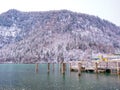 Beautiful view of traditional wooden boat port house at the shores of famous Lake Obersee KÃÂ¶nigssee