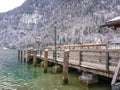 Beautiful view of traditional wooden boat port house at the shores of famous Lake Obersee KÃÂ¶nigssee