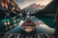 Beautiful view of traditional wooden rowing boat on a lake in the Dolomites in scenic sunrise, South Tyrol, Italy illustration Royalty Free Stock Photo