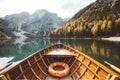 Traditional rowing boat at Lago di Braies in the Dolomites Royalty Free Stock Photo