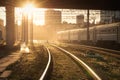 Colorful industrial landscape with railway platform, semaphore