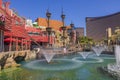 Beautiful view of Treasure Island Hotel Casino with fountains and pirate ship on Las Vegas Strip. Royalty Free Stock Photo