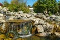 Beautiful view of Triple waterfall in Japanese garden. Public landscape park of Krasnodar or Galitsky Park Royalty Free Stock Photo