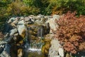 Beautiful view of Triple waterfall in Japanese garden. Public landscape park of Krasnodar Royalty Free Stock Photo