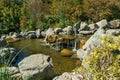 Beautiful view of Triple waterfall in Japanese garden. Public landscape park of Krasnodar or Galitsky Park, Russia Royalty Free Stock Photo