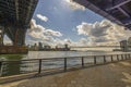 Beautiful view from under Brooklyn bridge to Hudson river, in lower Manhattan. Royalty Free Stock Photo