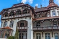 Beautiful view on urban white exterior house facade with scenic red roof in old narrow street of historic portuguese