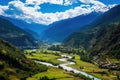 Beautiful view of the valley and the river in the Himalayas, Scenic View of the Paro Valley, AI Generated Royalty Free Stock Photo