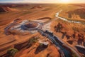 the beautiful view of a valley surrounded by desert terrain at sunset Royalty Free Stock Photo