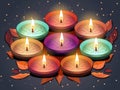 A Beautiful View of Various Colored Lit Diya (Oil Lamp) Decorated Dar. Used as a Design Diwali Celebration Poster or