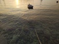 Beautiful view at vessel on the calm sea in sunset in Rovinj