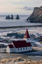 Beautiful view of Vikurkirkja church in the town of VÃ­k Ã­ MÃ½rdal (South Iceland) Royalty Free Stock Photo