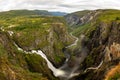 Beautiful view of the Voringsfossen waterfall. Picturesque mountain landscape with waterfalls.