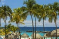 Beautiful view of white sand Curacao beach. Green palm trees and plants on coast line. Royalty Free Stock Photo