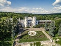 Beautiful view on White Swan palace and yard in Sharivka park, Kharkiv region