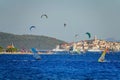 Beautiful view of windsurfers riding waves near the coast of Peljesac, Croatia.