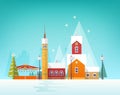 Beautiful view of winter city or town in snowfall. Snowy cityscape or landscape with old buildings and tower decorated