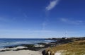 Beautiful view Woljeong Beach with leading line to white windmill at far right at Jeju Island South Korea backed by awesome blue Royalty Free Stock Photo