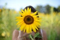 Beautiful view of a woman holding a sunflower covering her face Royalty Free Stock Photo